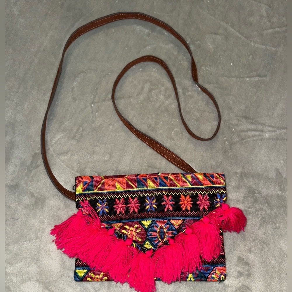 Colorful Patterned Crossbody Bag with Tassels